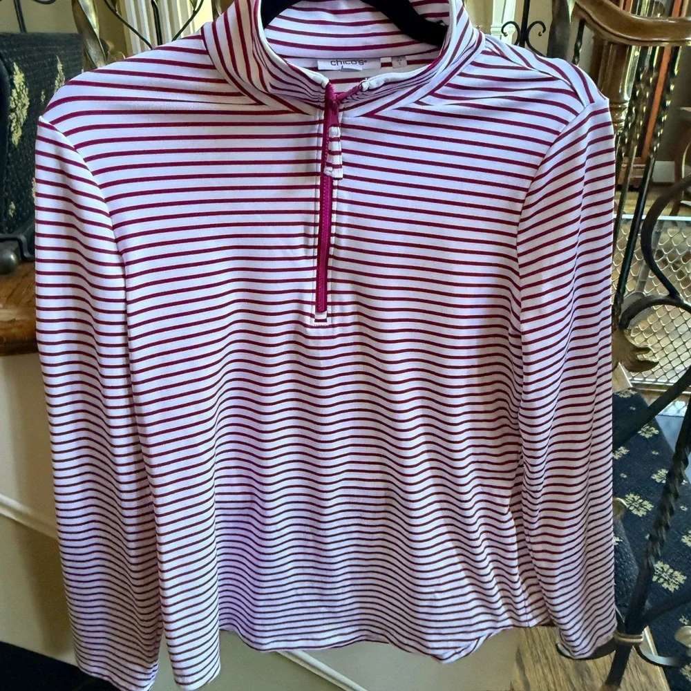 Chico’s Zenery Stretch material 3/4 zip long sleeve top. Size 0 EUC pink /White - Picture 3 of 11